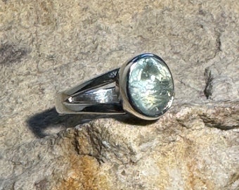 Simple sterling silver ring with bezel set pale green tourmaline oval cabochon size 6 ready to ship