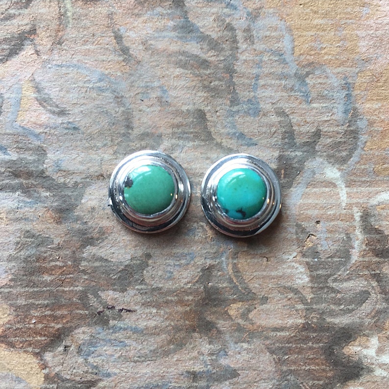 sterling silver post earrings with chinese turquoise bezel set cabochons Turquoise stud earrings