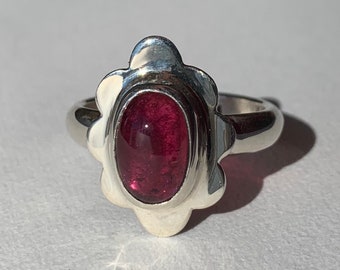 Rubellite tourmaline flower ring, deep pink rubellite tourmaline sterling silver ring size 8.25