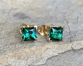 Little green tourmaline stud earrings, 14k gold post earrings with princess cut green tourmalines.