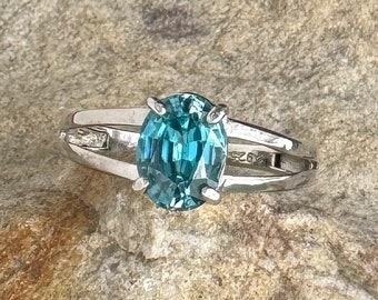 Dainty sterling silver ring with prong set natural blue zircon oval stone size 7 1/4 ready to ship