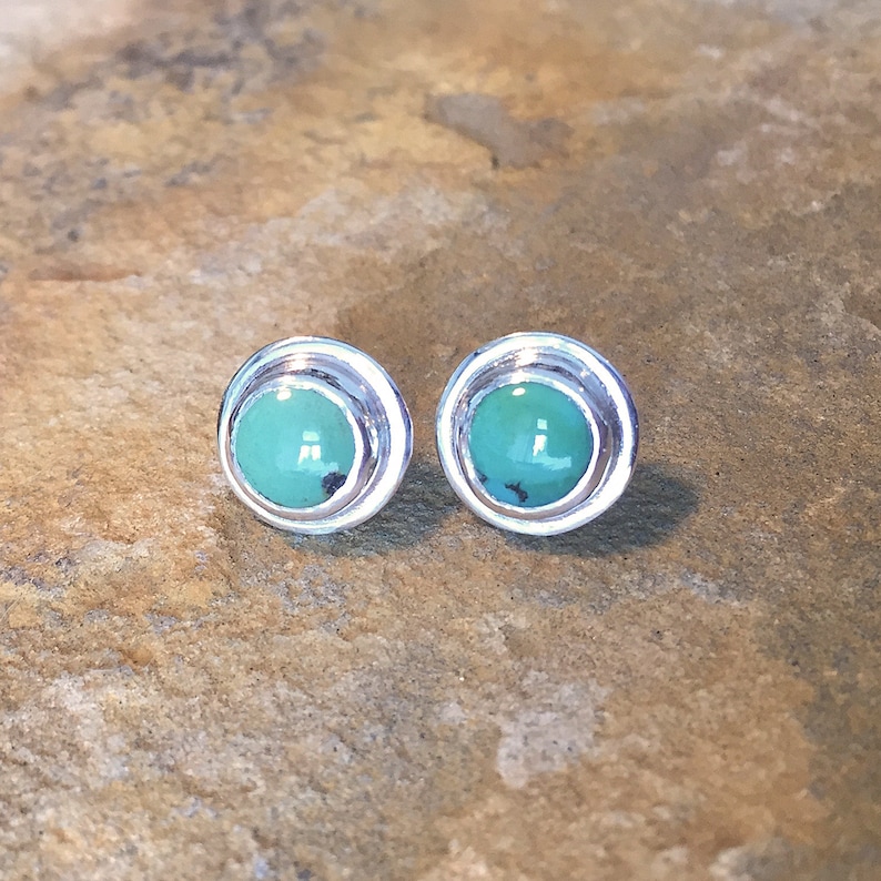 sterling silver post earrings with chinese turquoise bezel set cabochons Turquoise stud earrings