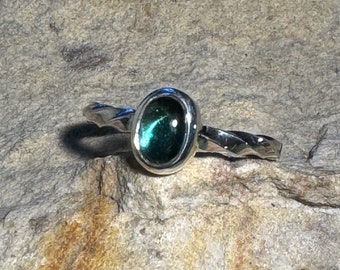 Sterling silver ring with bezel set blue green tourmaline oval cabochon size 9 ready to ship