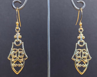 Vintage dangle ornate earrings, Large sized vintage 70’s earrings, gold plated dangle earrings