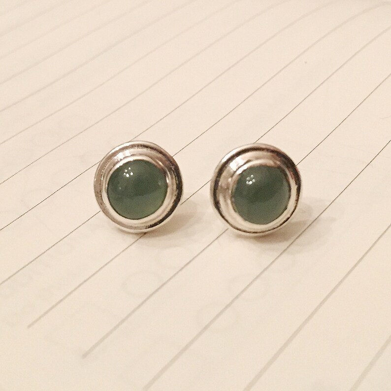 Little jade stud earrings sterling silver post earrings with moss green natural jade bezel set cabochons