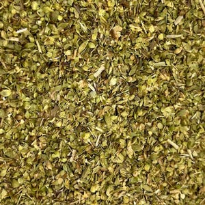 May include: Close-up of dried oregano leaves, showcasing a mix of green and brown hues. The image highlights the texture and detail of the herb, with visible stems and small leaves. This image is ideal for culinary and spice-related listings.