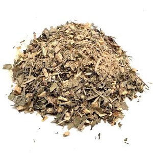 May include: A pile of dried herbs and spices, featuring a mix of green, brown, and tan colors. The blend appears to be a mix of leaves, stems, and ground spices, with a variety of textures. The background is plain white.