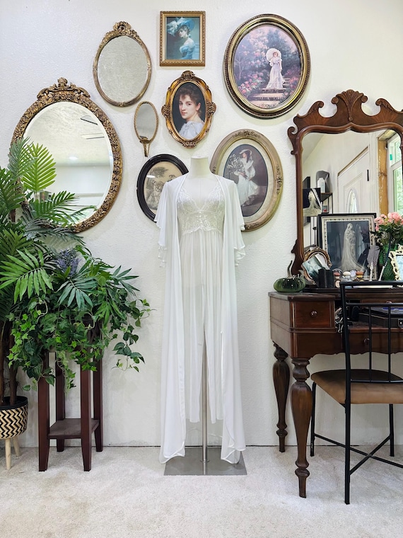 Vintage Bridal Peignoir Set | Sheer Lace Nightgown & Matching Chiffon Robe | Romantic White Lingerie