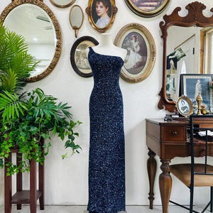 Vintage Scala Silk Beaded One-shoulder Gown – Starry Night Blue