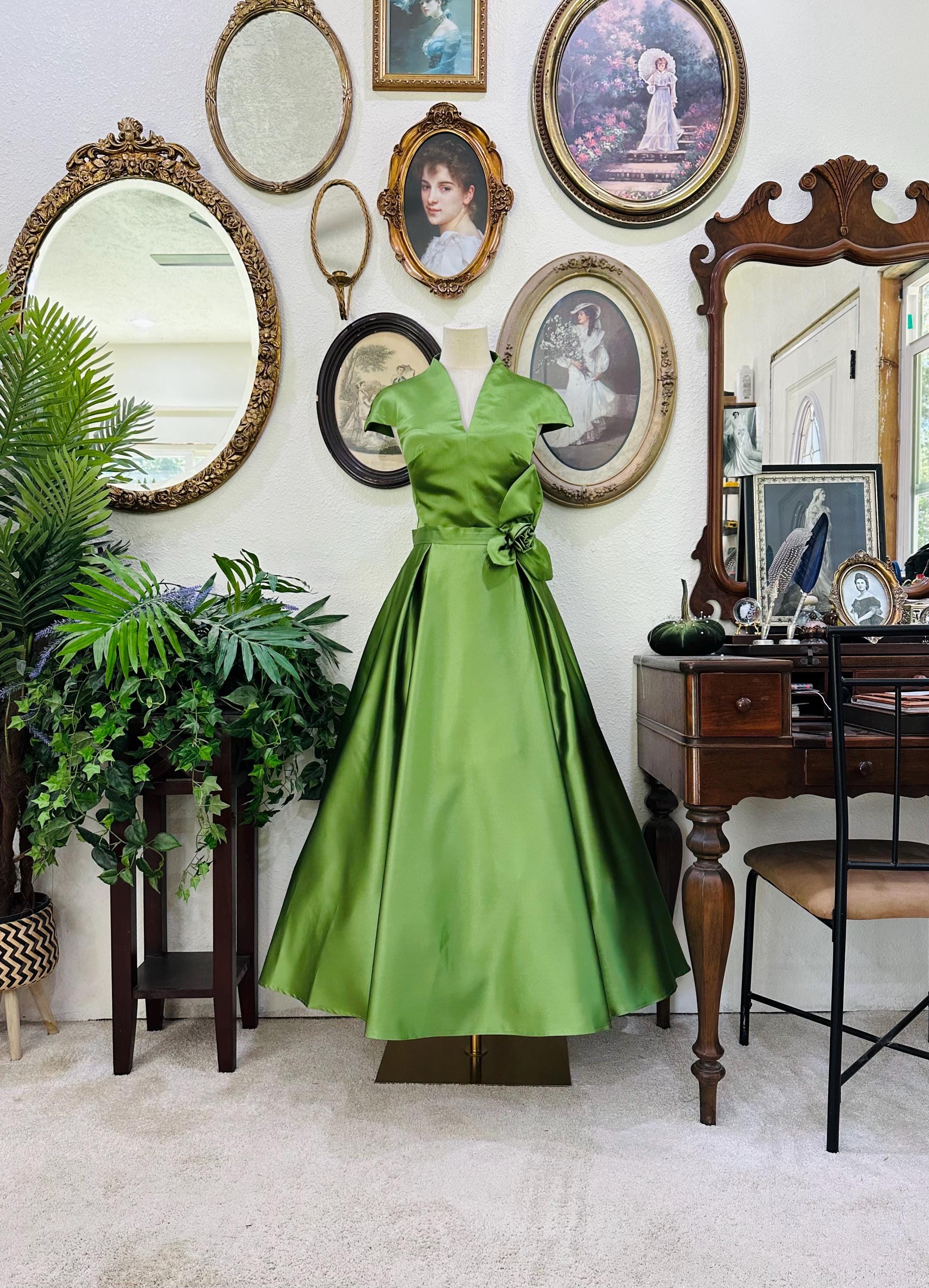 green apple color dress Satin Wedding guest gown
