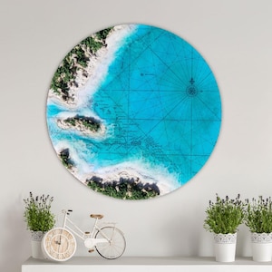Art océan en résine. Carte des Caraïbes vintage. Décoration murale circulaire de 10 po. Décor côtier. Oeuvre d'art en résine inspirée de l'océan. Décor nautique sur bois.