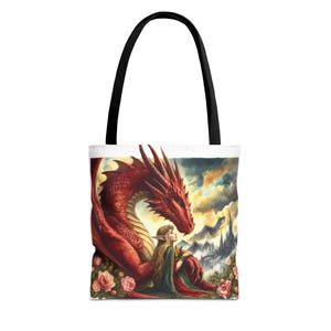 Elf and Dragon Tote Bag, Fantasy Tote Bag, Mythical Creature Bag, Reusable Shopping Bag, Book Lover Gift, Dragon Lover Gift