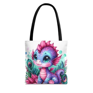Dragon Tote Bag, Cute Dragon Design, Purple Pink Blue, Reusable Shopping Bag, Eco-Friendly Tote, Shoulder Bag, Grocery Bag, Gift for Dragon