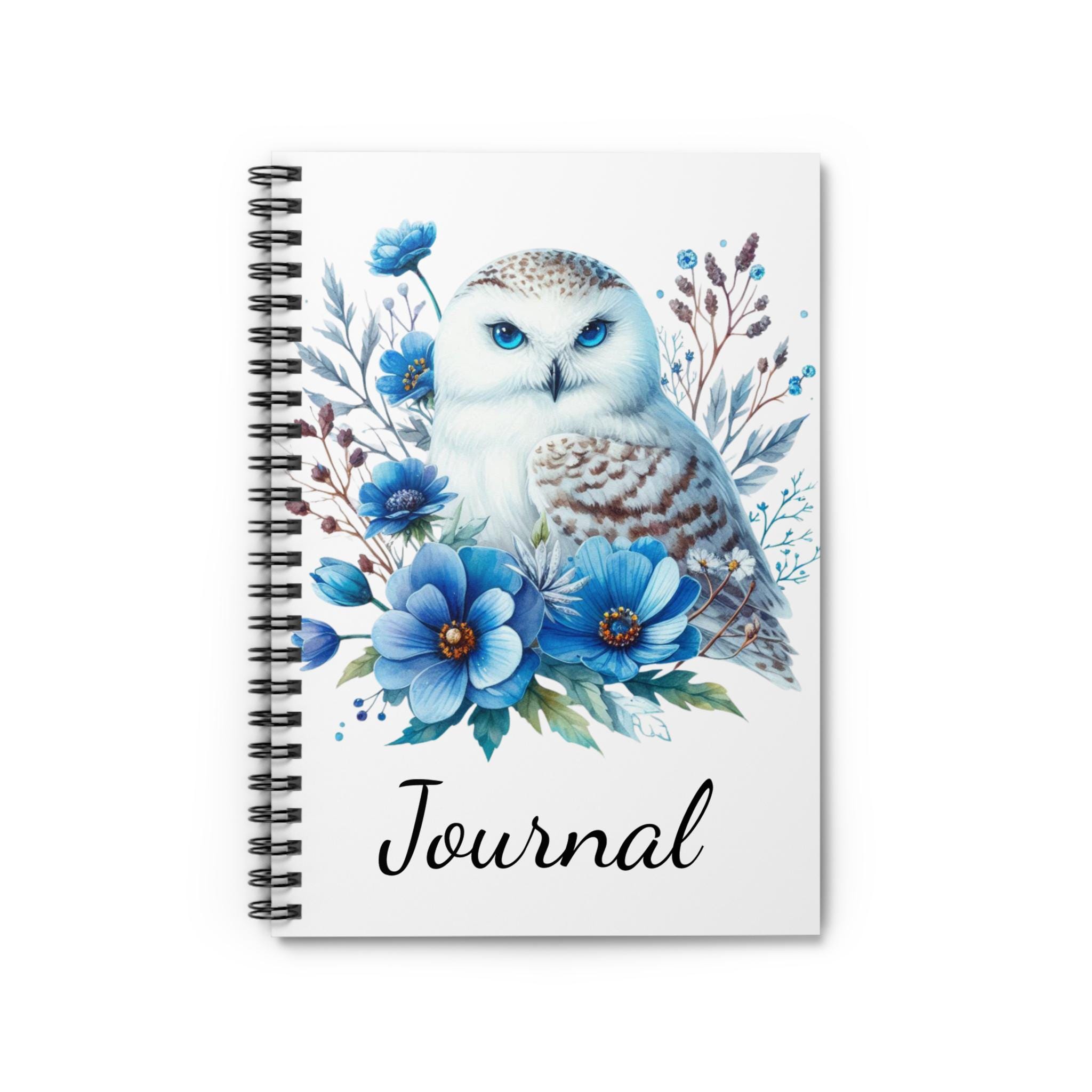 Spiral Notebook - White Owl and Blue Flowers Journal, Ruled Line, Diary, Planner, Sketchbook, Statio
