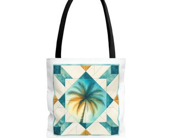 Tote Bag - Quilt Square Palm Tree Design, Beach Lover Gift, Summer Tote, Tropical Carryall, Vacation Essential, Coastal Style Bag