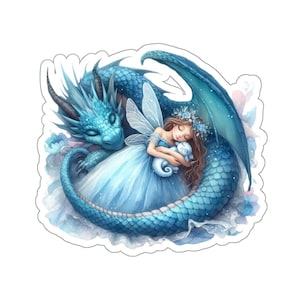 Fairy Dragon Kiss-Cut Stickers - Magical Blue Fairy Sleeping with Dragon, Fantasy Decals, Notebook Stickers, Laptop Decals, Water Bottle