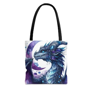 Sapphire Dragon Tote Bag, Moon Fantasy Tote, Eco-Friendly Bag, Reusable Shopping Bag, Gift for Dragon Lover, Magical Accessories