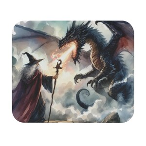 Wizard vs Dragon Mouse Pad, Fantasy Gaming Pad, Office Desk Decor, Gamer Gift, Rectangle Mousepad