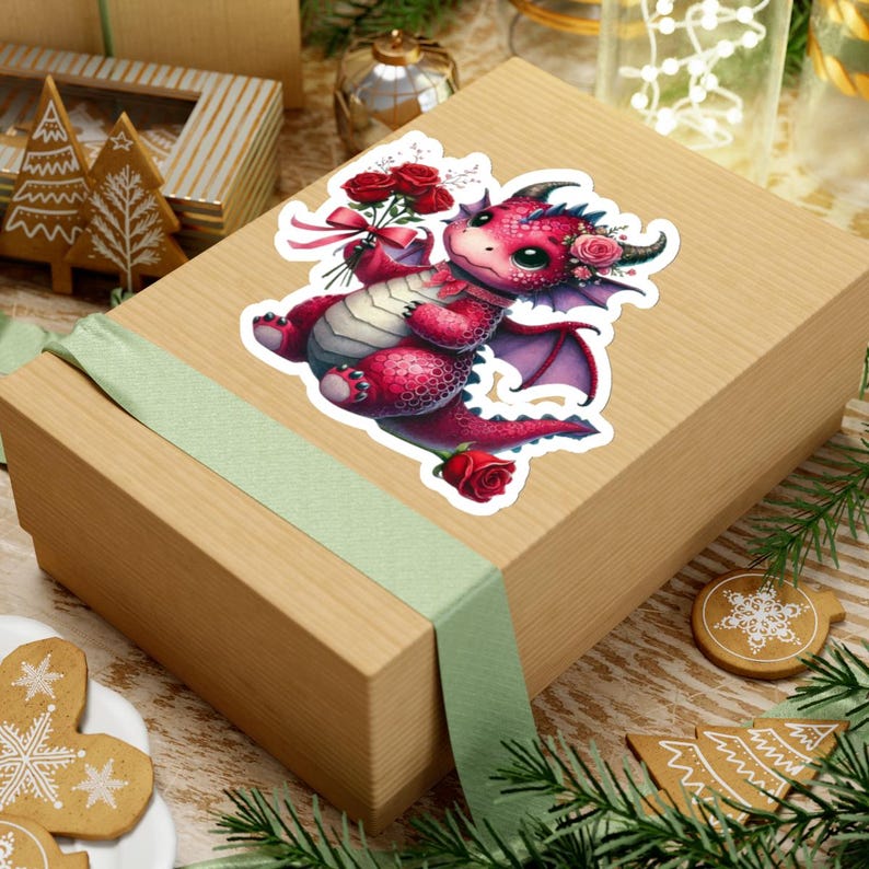 Valentijnsdag Dragon Kiss-Cut-stickers, sticker schattige liefde, hartsticker, planneraccessoires, plakboekbenodigdheden, laptopdecor afbeelding 3