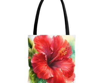 Bolsa de mano con flores de hibisco rojo, diseño floral de acuarela, bolsa de playa, bolsa de compras, bolsa de supermercado reutilizable, regalo para amantes de la naturaleza