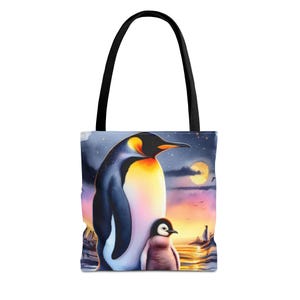 Penguin and Baby Tote Bag, Sunset Beach Carryall, Animal Lover Gift, Cute Mom and Baby Penguin, Ocean Theme Shoulder Bag, Wildlife Print