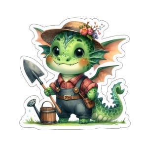 Pegatina de jardinero dragón: simpático personaje de fantasía para amantes de las plantas