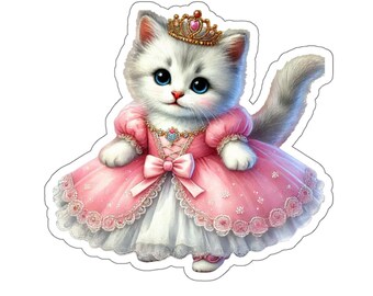 Kiss-Cut Stickers, White and Grey Kitten Princess Sticker, Laptop Decal, Cat Lover Gift, Planner Sticker, Cute Animal Decal