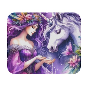 Mouse Pad (Rectangle) - Purple Haired Elf Feeding Unicorn, Fantasy Mousepad, Magical Desk Accessory, Enchanted Office Decor, Fairy Tale