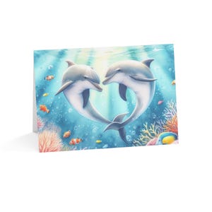 Wenskaarten, ontwerp in hartvorm dolfijnen, briefpapier liefdesbriefje, geïllustreerde kunst zeedieren, verjaardagscadeaus voor haar, single of set van 10,
