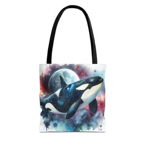宇宙クジラトートバッグ、ユニークなシャチデザイン、大きなキャンバスショルダーバッグ、海洋動物愛好家へのギフト、再利用可能な食料品トート、環境に優しい