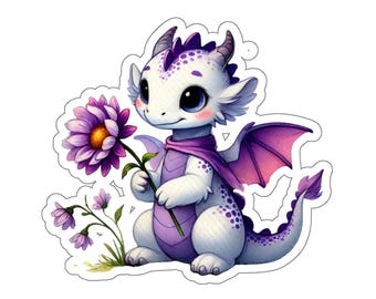 Drachenaufkleber, süßer lila Drache mit Blume, Fantasy-Aufkleber, Laptop-Aufkleber, Planer-Aufkleber, Wasserflaschendekoration