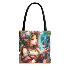 Tote Bag - The Dragon Whisperer, Fantasy Gift, Elf and Dragon, Magical Creature, Mythical Animal, Dungeons and Dragons