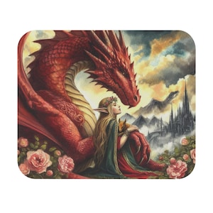 Mouse Pad, Elf and Dragon Fantasy Design, Gaming Desk Mat, Office Decor, Rectangle Mousepad, Mythical Creature Accessories