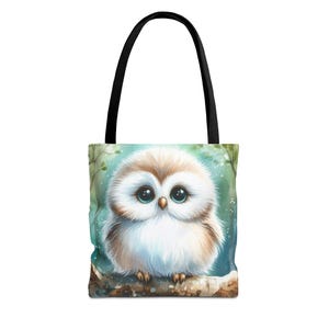 Fluffy Owl Tote Bag, Cute Owl Branch Tote, Owl Lover Bag, Owl Gift, Nature Tote, Animal Lover Bag