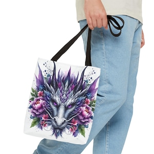 Vibrant Purple Dragon Floral Tote Bag, Unique Shoulder Bag, Fantasy Art Eco-Friendly Handbag, Bohemian Gift for Dragon Lovers