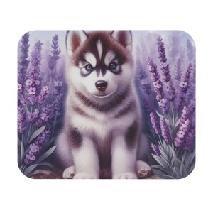 Husky puppy lavendel veldmuismat, rechthoekige bureaumat, dierenvriend cadeau, schattige hond kantoordecor, bloemen gamingaccessoires
