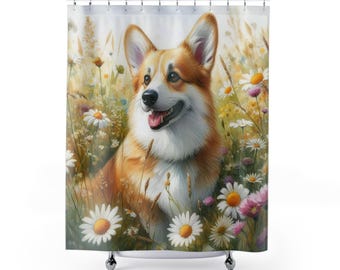 Charming Corgi Shower Curtain - Tan & White Dog in Daisy Field
