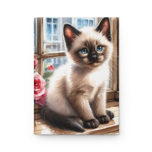 Journal à couverture rigide mat - chaton siamois, carnet pour amoureux des chats, journal intime pour chat sur le rebord de la fenêtre, journal pour animal de compagnie yeux bleus, cadeau pour propriétaire de chat