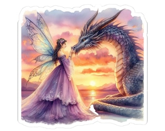 Adesivo de Fada e Dragão se Beijando ao Pôr do Sol | Adesivo com Corte em Formato de Beijo
