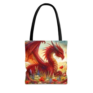 Dragon Tote Bag, Red Mythical Creature Floral Field Nature Graphic Print, Fantasy Shoulder Bag, Reusable Shopping Bag, Eco-Friendly Market