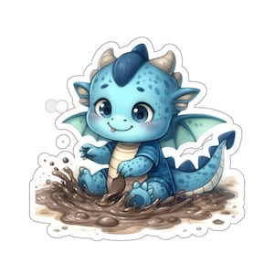 May include: A blue baby dragon wearing a light blue shirt is playing in a puddle of mud. The dragon has a light blue body with dark blue spots and a light blue tail.