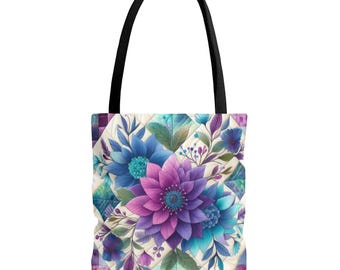 Quilted Floral Tote Bag in Blue, Green & Purple