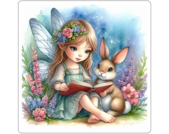 Fairy Reading to Bunny Kiss-Cut Stickers | Cute Storytime Illustration