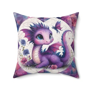 Dragon Quilt Pattern Square Pillow, Purple Dragon Decor, Kids Room Pillow, Nursery Accent Cushion, Animal Lover Gift, Home Decor Pillow