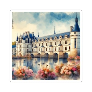 Stickers carrés - Château de Chenonceau au printemps, Stickers château français, Ensemble d'autocollants de voyage, Stickers château d'Europe, Site historique