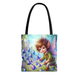 May include: A tote bag featuring a whimsical illustration of a fairy with large, pointed ears and wings, standing in a field of purple bellflowers. The fairy has brown hair, blue eyes, and is wearing a green shirt and brown pants.