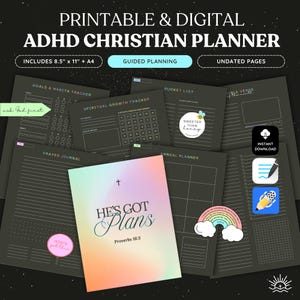 May include: A digital ADHD Christian planner with undated pages. The planner includes a goals and habits tracker, spiritual growth tracker, prayer journal, and annual planner. The cover features the text "He's Got Plans" and Proverbs 16:3.