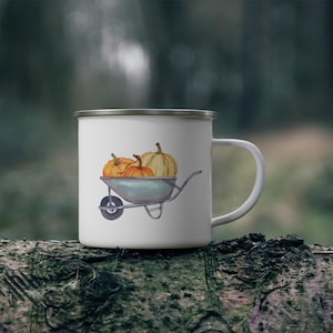 Pumpkin Wheelbarrow Enamel Mug, Fall decor, 12 oz, hot or cold beverage camping mug