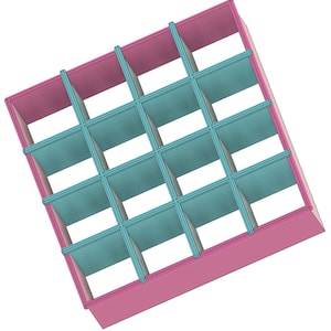 May include: A pink and teal grid-like organiser with sixteen compartments. The organiser has a rectangular shape with a pink frame and teal dividers, creating a structured storage solution.