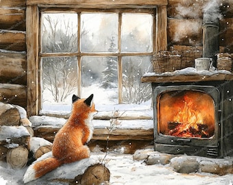May include: A watercolour painting of a cabin interior featuring a fox gazing out a window at a snowy scene. A fireplace with a burning fire is on the right. Logs are stacked near the window. A mug and basket sit on the mantelpiece.